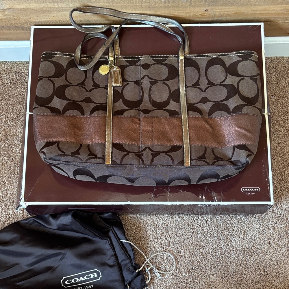 Coach Dark Brown and Gold Signature Tote
